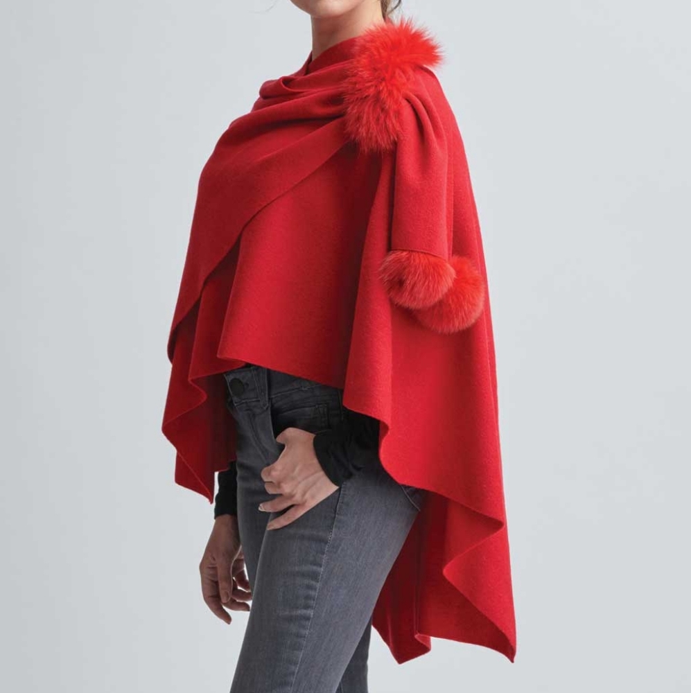 Red Wool Wrap with Fur Poms